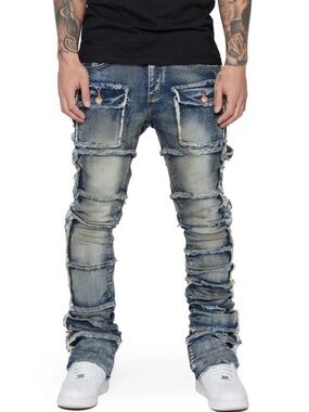 Men's Slim Fit Ripped Jeans | Distressed Patchwork Stacked Streetwear Denim